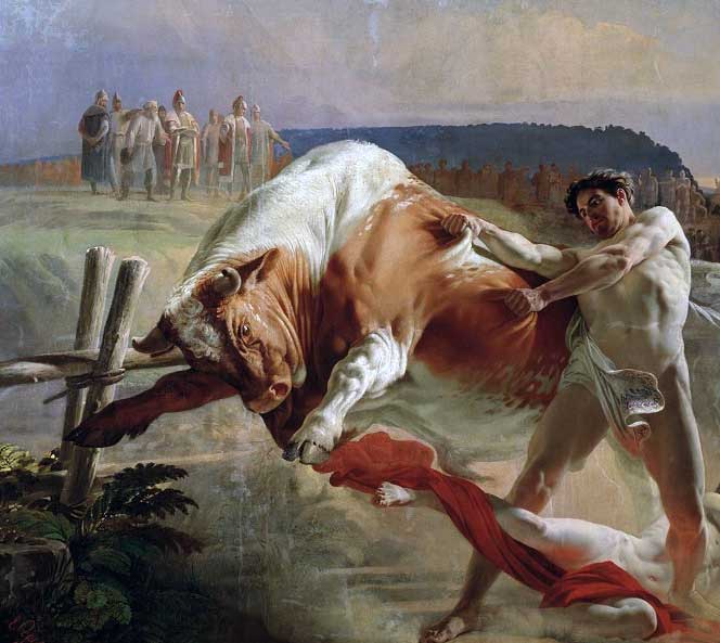 Сорокин Е. "Ян Усмовец останавливает разъяренного быка". х., м., 1849 г.