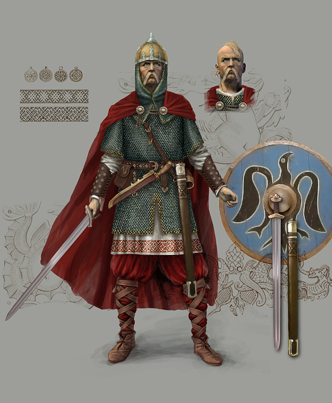 Современная попытка исторической реконструкции внешности Князя Святослава и его вооружения.